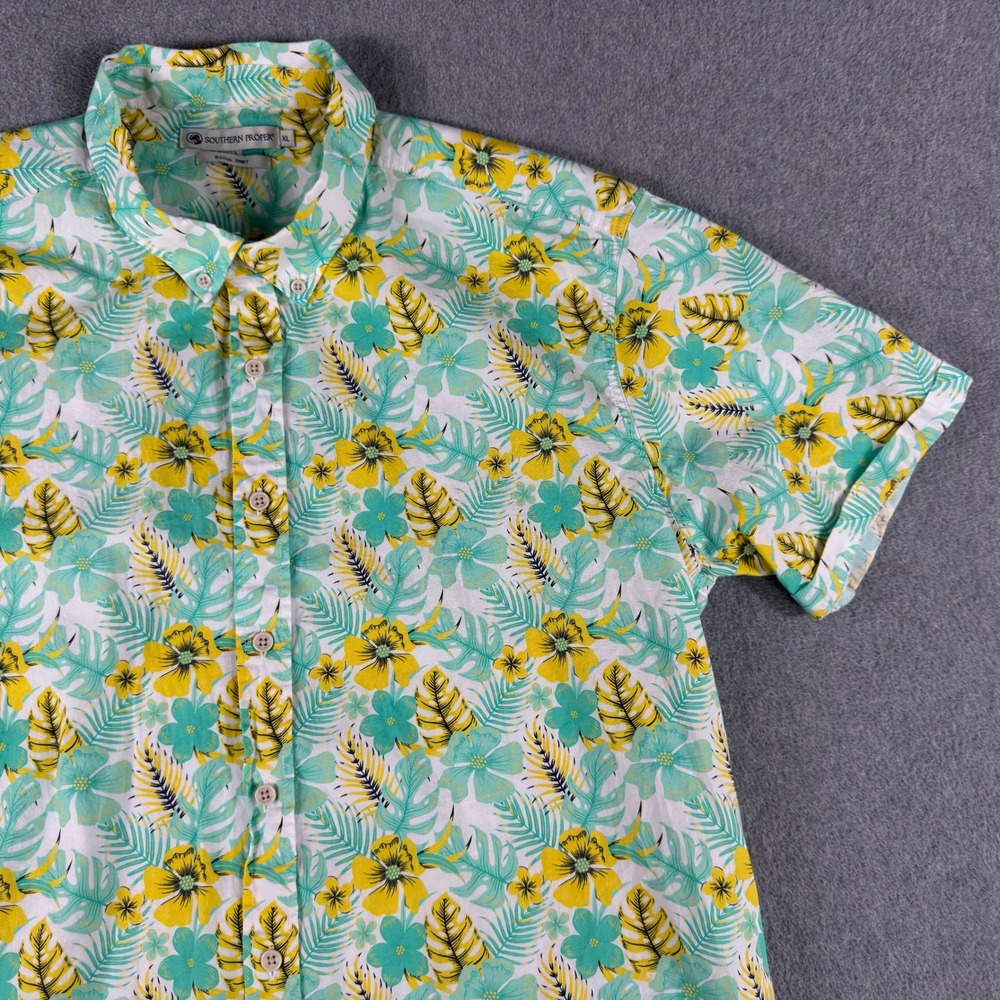 Southern Proper Shirt Mens XL Green Yellow Floral Button Down Short Sleeve